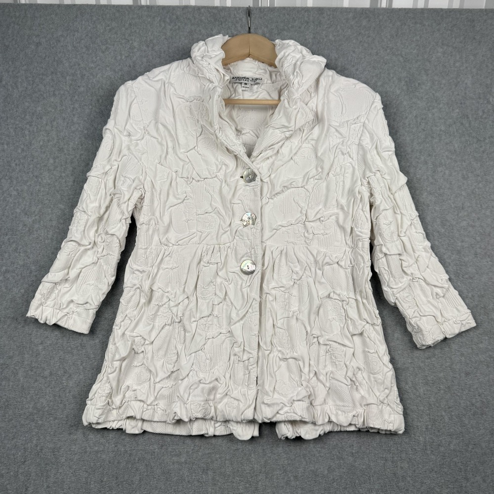 Andria Lieu‎ Jacket Women Small White Crinkle Textured Ruffle Collar 3/4 Sleeve